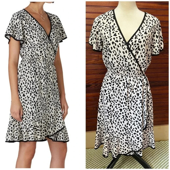 Slate & Willow Ivory and Black Animal Cheetah Print Faux Wrap Dress Size S - Picture 1 of 15